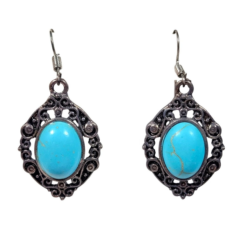 Faux Turquoise Silver Tone Dangle Earrings Filigree Frame Southwestern Boho Chic